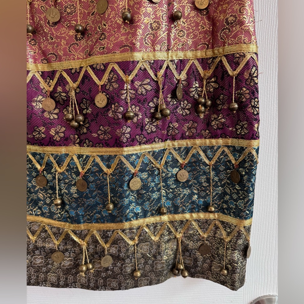 SANDY STARKMAN Vintage 90s Brocade Metallic Skirt w/ Gold Coin Details Size 8 - Picture 2 of 6